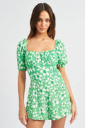 BUBBLE SLEEVE FLORAL ROMPER WITH CUT OUT