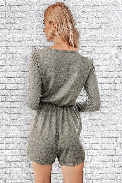 Button Down V Neck Solid Romper