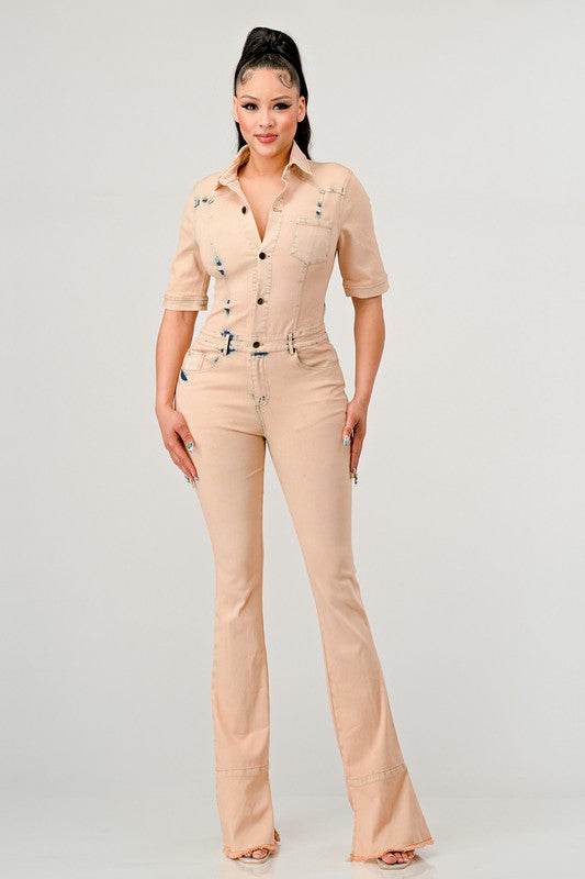 ATHINA WASHED DENIM HALF SLEEVE JUMPSUIT