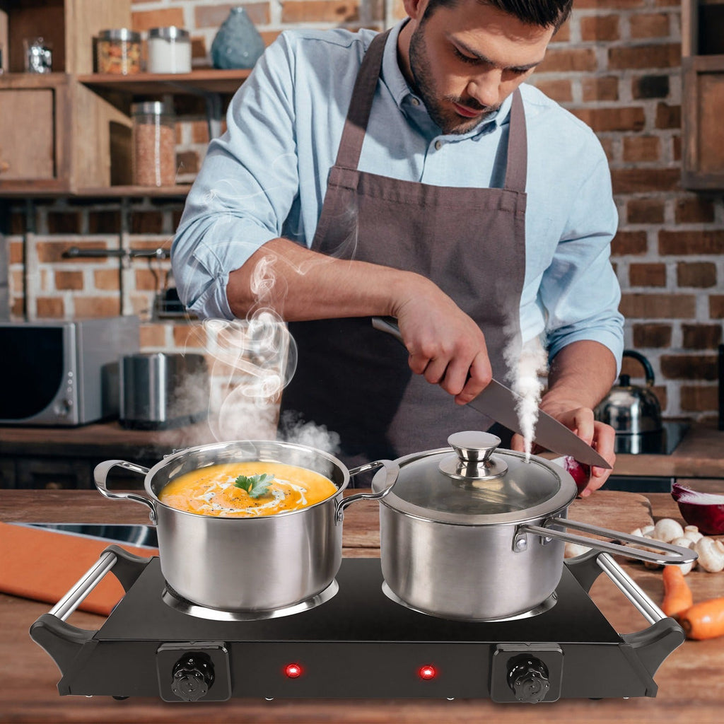 Black-White Options -- 2000W Electric Dual Burner Portable Coil Heating Hot Plate Stove Countertop RV Hotplate With 5 Temperature Adjustments Portable Handles