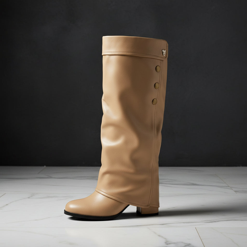 Women's Tall Fold-Over Cuff Knee-High Boots – Gold Stud Detail Chunky Heel