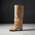 Women's Tall Fold-Over Cuff Knee-High Boots – Gold Stud Detail Chunky Heel