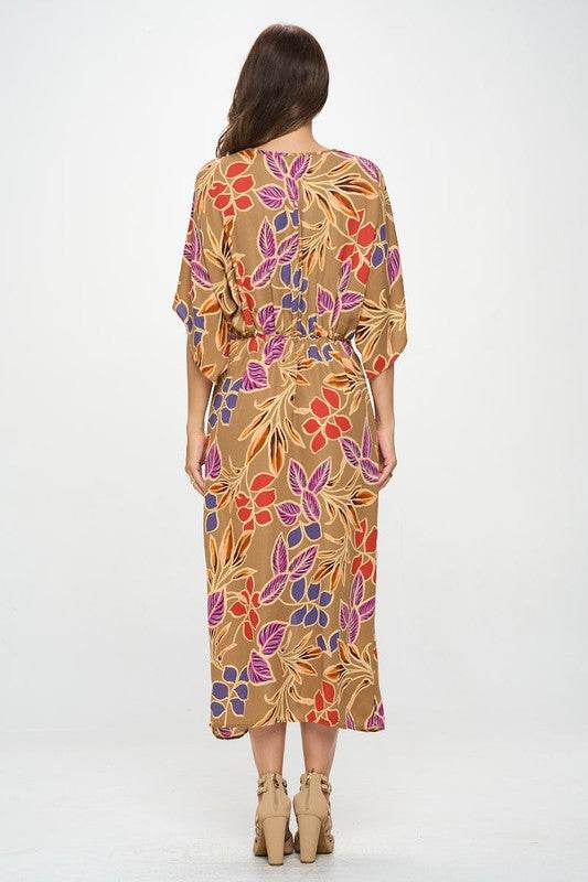Leaf Print Kimono Dress with Front Twist