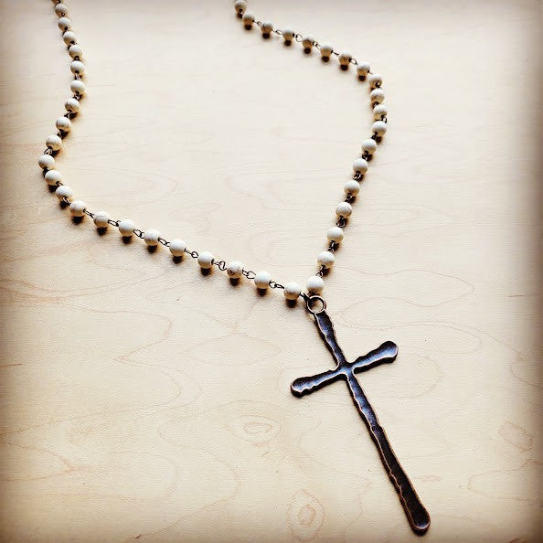 White Beaded turq. with Antique Copper Cross 255s