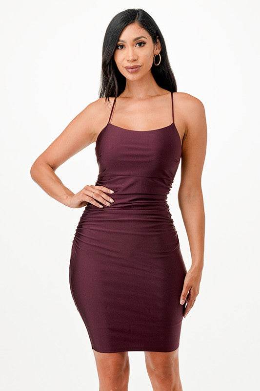 Back lace up short dress with waist shirring