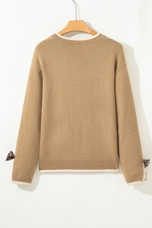 Leopard Bow Split Cuff Contrast Trim Sweater