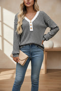 Women's V-Neck Button Striped Color Block Top – Long Sleeve Loose Fit