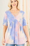 Heimish Full Size Crisscross Tie Dye Babydoll Top Plus Size
