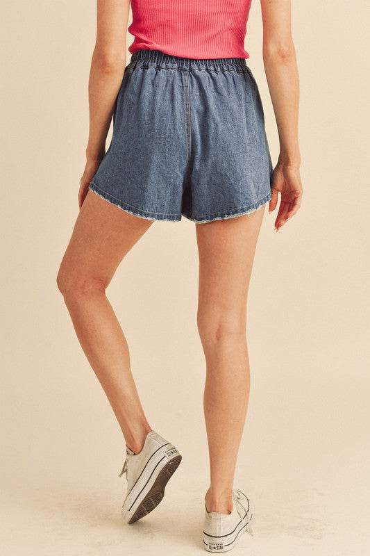 Aemi + Co Frayed Hem Elastic Waist Denim Shorts