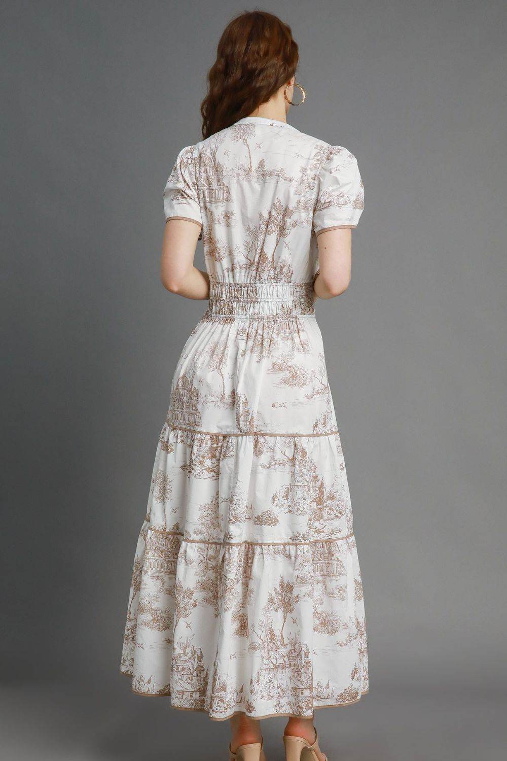 Umgee Full Size Landscape Print Short Sleeve Tiered Maxi Dress Plus Size