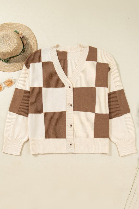 Plus Size Checker Ribbed Knit Buttoned V-Neck Card