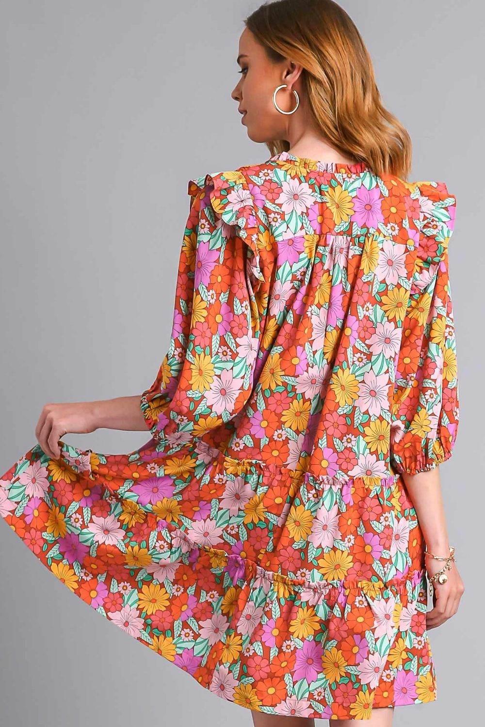Umgee Full Size Ruffled Flower Print Tie Neck Tiered Dress Plus Size