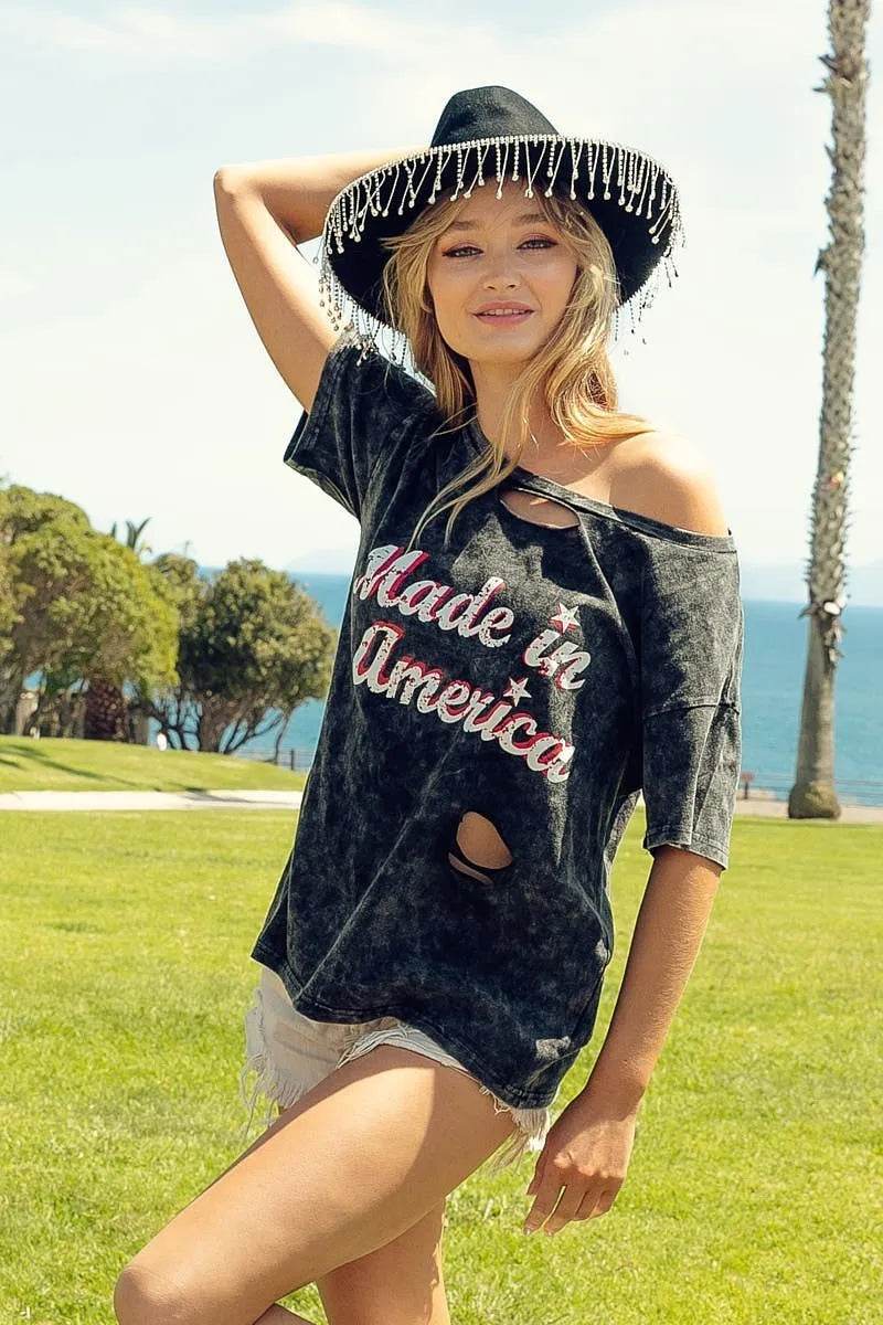 BiBi Laser Cut Mineral Washed America Print Top