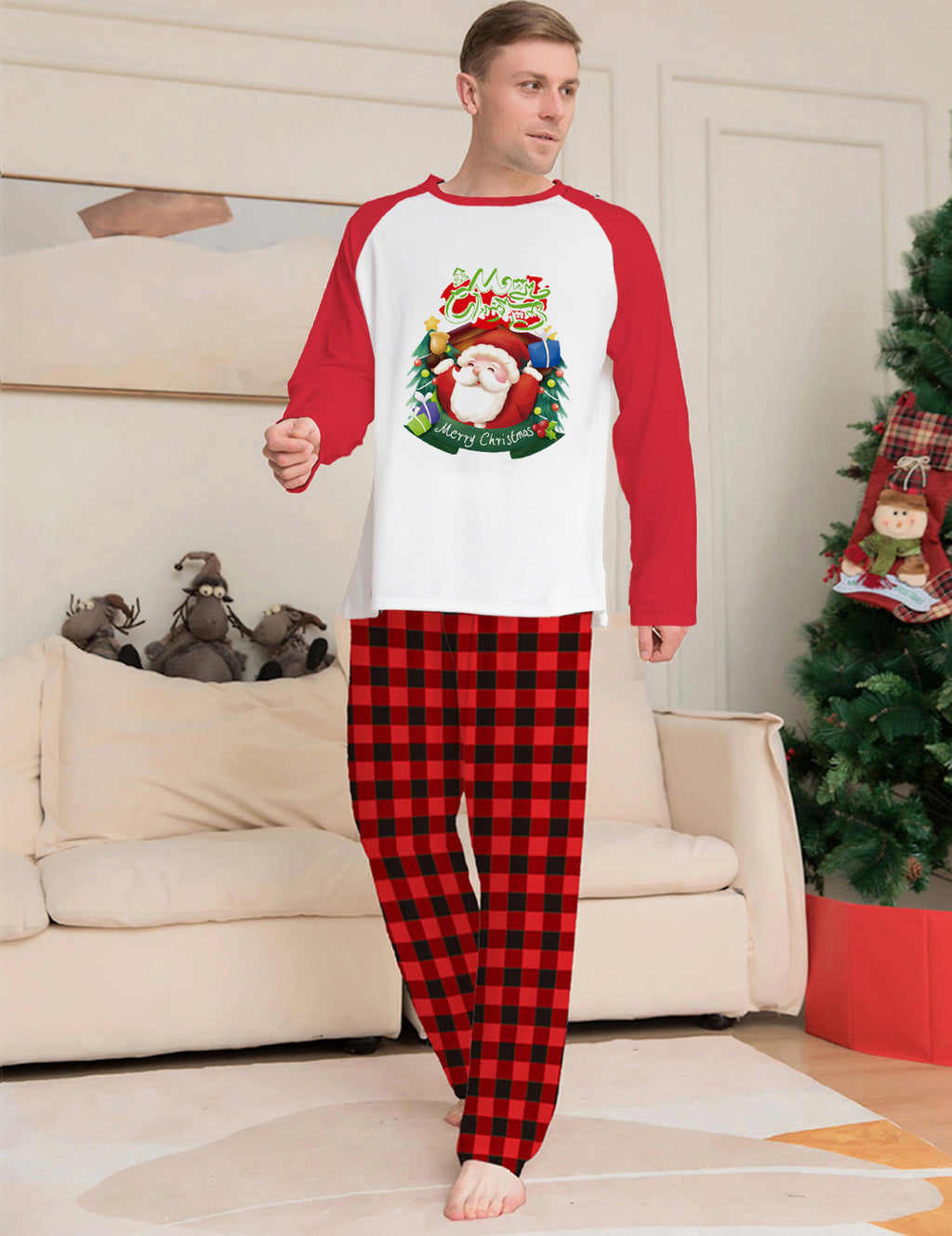 Parent-Child Clothes Set Long Sleeve T-Shirt Plaid Pants Family Matching Pajamas