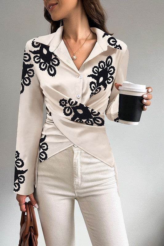 Print Button Cross Asymmetrical Hem Fit Blouse
