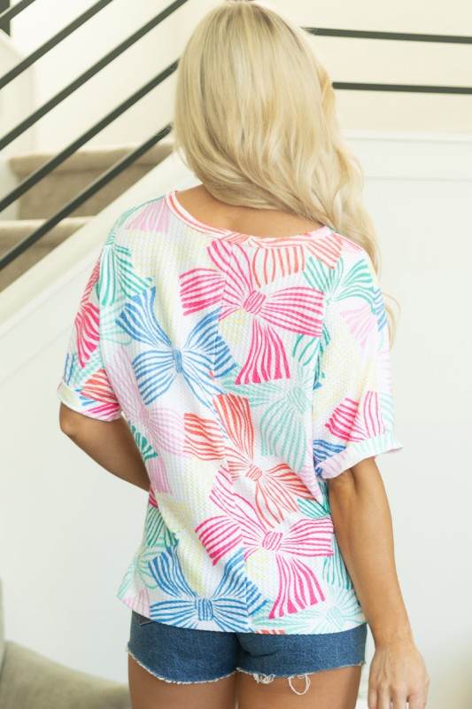Kaeli Bowknot Waffle Crewneck Loose Short Sleeve T