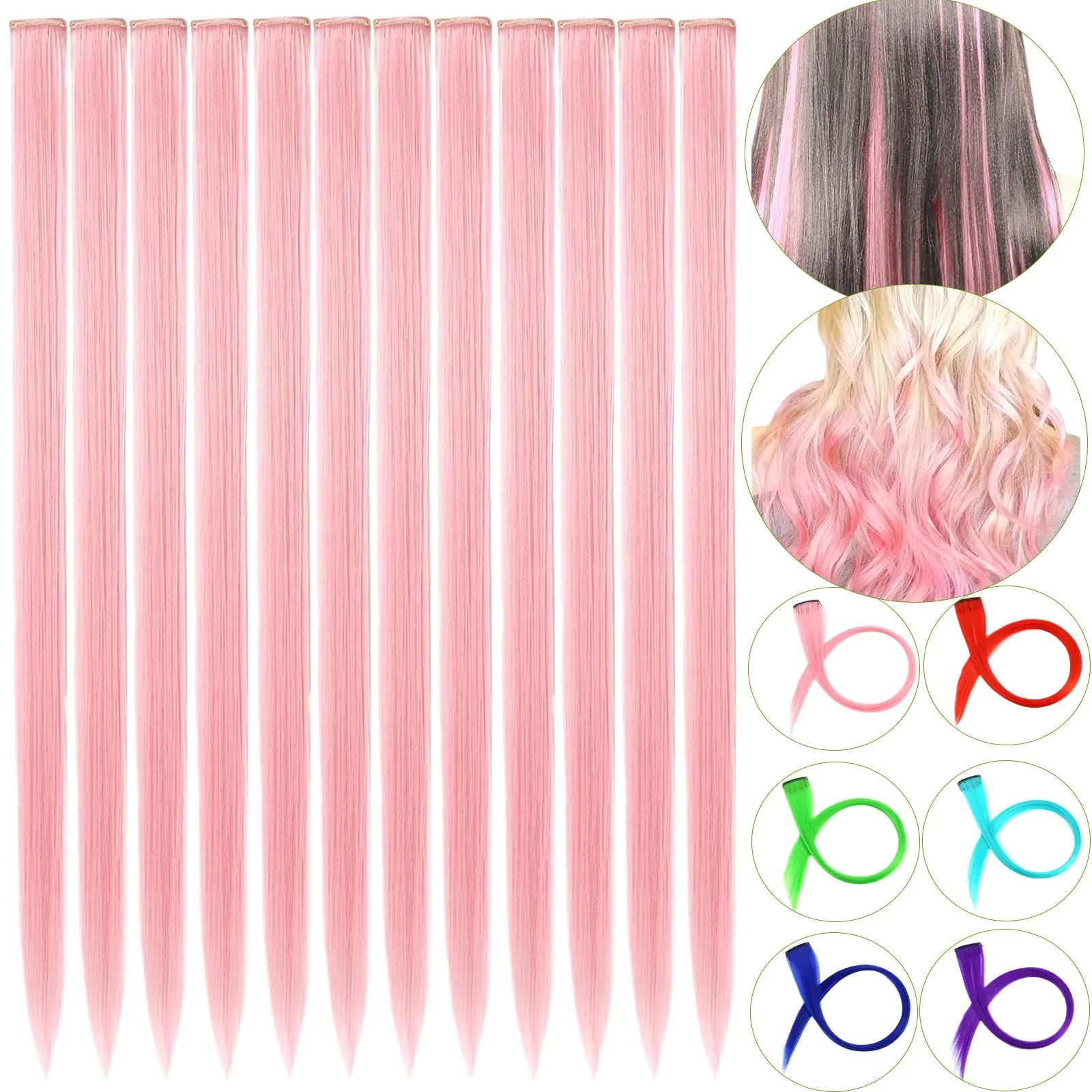 12 PCS Pink Hair Extensions Clip in 22" Colored Hair Extensions Highlights Colorful Hair Extensions Synthetic Straight Hair Piece DIY Hair Accessories on Daily Party (Pink)