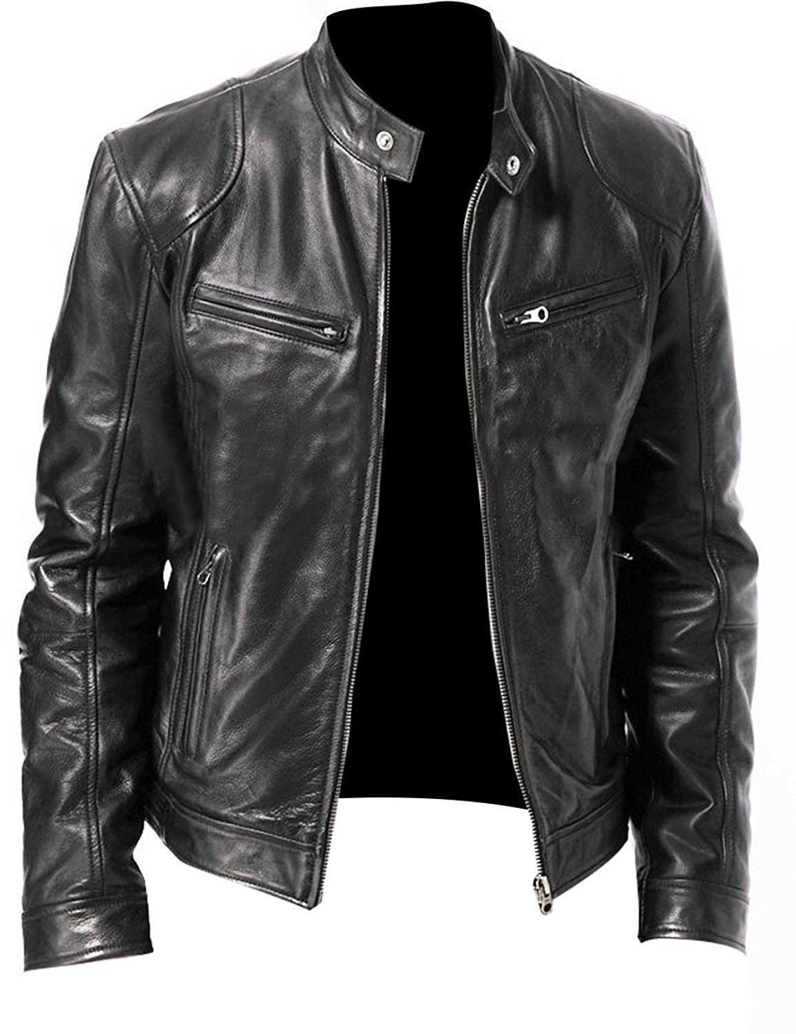 Slim Fit PU Leather Jacket - Stand Collar Youth Biker Jacket with Metal Details