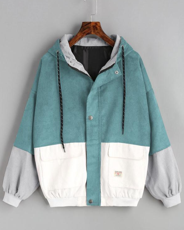 2021 Korean version of college wind student BF loose color matching hooded baseball uniform corduroy tooling jacket female