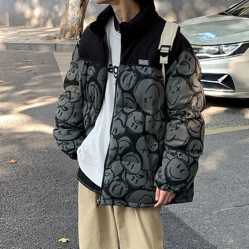 Face Print Standing Collar Cotton Jacket Man