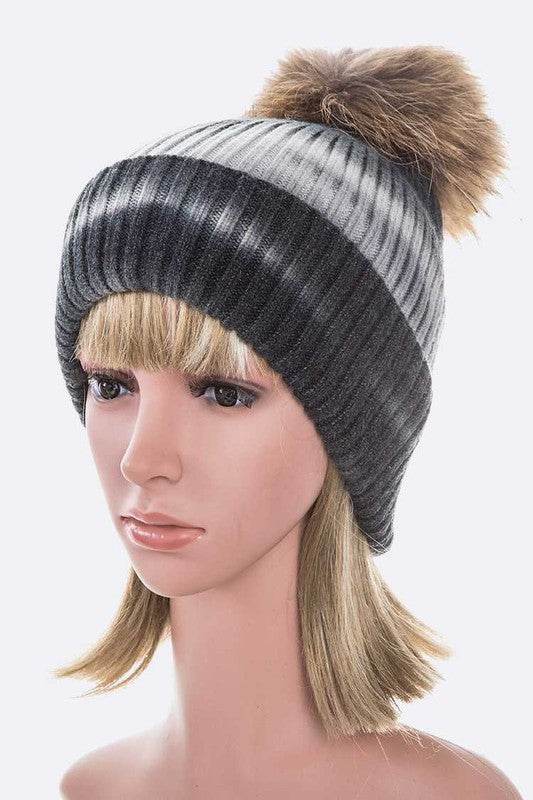 Large Genuine Fur Pom Tie Dyed Beanie