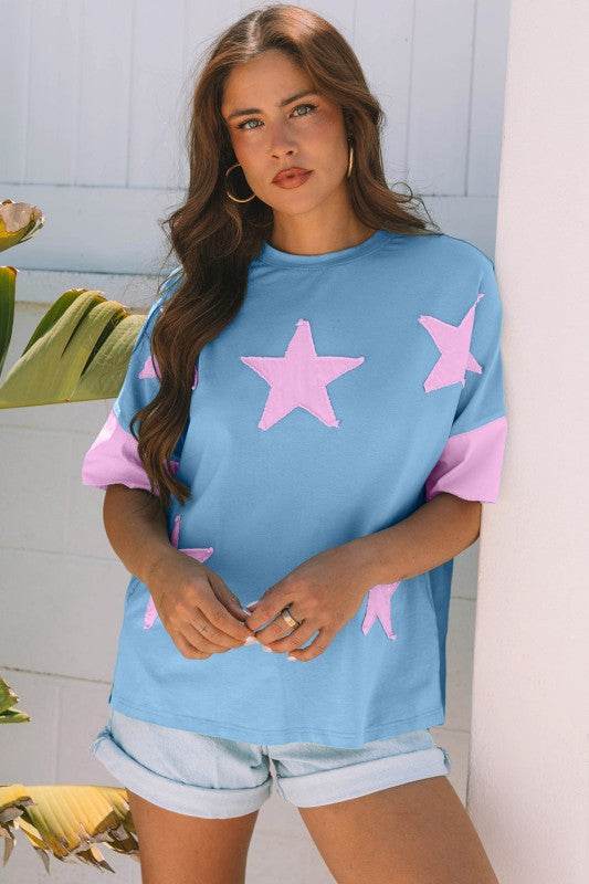 Etta Frayed Denim Star Patched Oversize Top