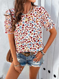 Round neck heart print ruffled sleeve top