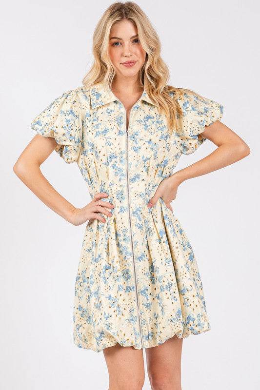 GeeGee Floral Eyelet Zipper Front Puff Sleeve Mini Dress