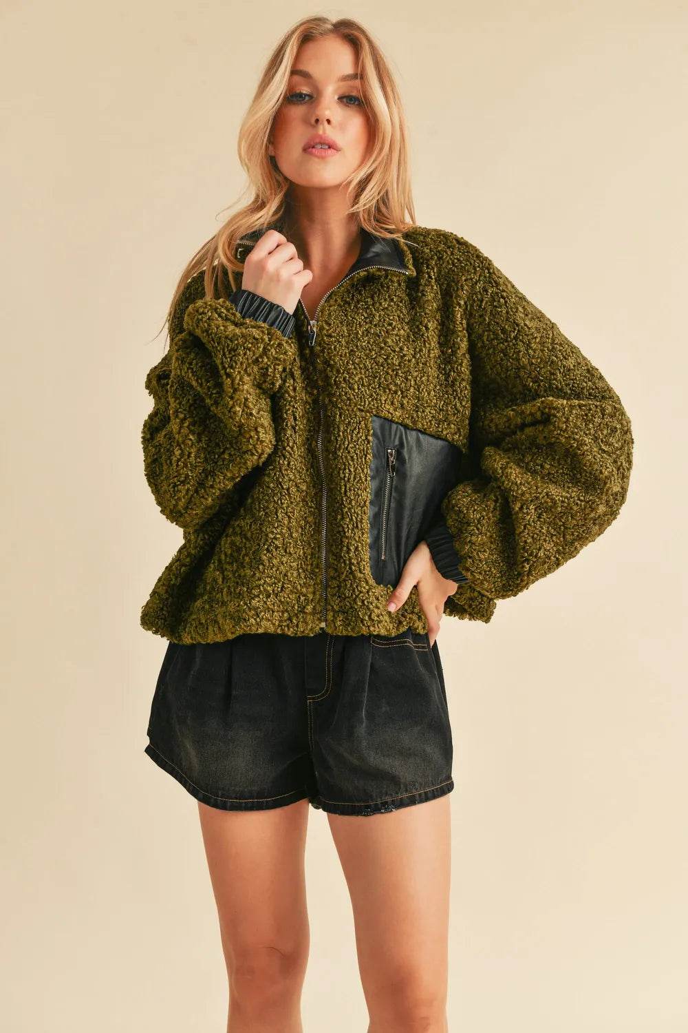 Aemi + Co Collared Neck Zip Up Sherpa Jacket