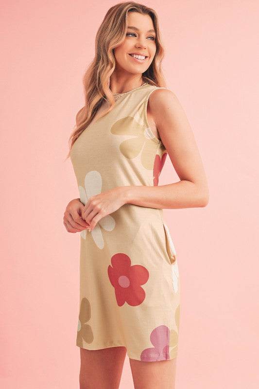 Flower Print Crew Neck Sleeveless Mini Dress