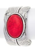 Oval Stone Leaf Engraved Open Cuff