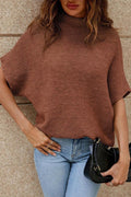 Women Coffee High Neck Short Bat Sleeve Sweater