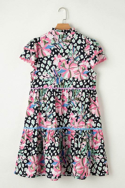 Women Floral Ricrac Embellished Tiered Mini Dress