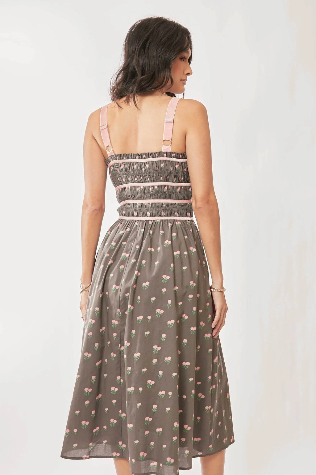 Davi & Dani Contrast Velvet Tape Smocking Bodice Midi Dress