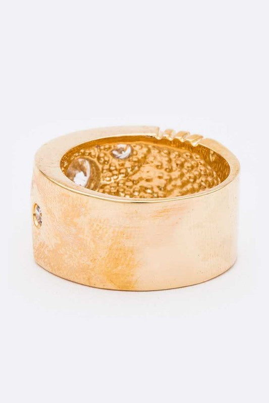 CZ Textured Engraved Gold Ring