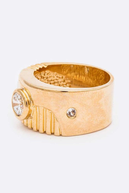 CZ Textured Engraved Gold Ring
