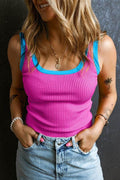 Women Colorblock Edge Ribbed Knit U Neck Tank Top