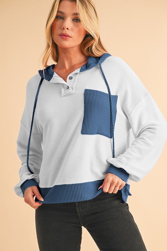Corded Patch Pocket Drawstring Henley Hoodie
