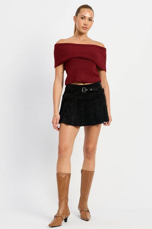 PLEATED SUEDE SKORT WITH BELT