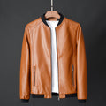 Slim Fit Men's PU Leather Jacket - Stand Collar Motorcycle Style Jacket (Regular Length)