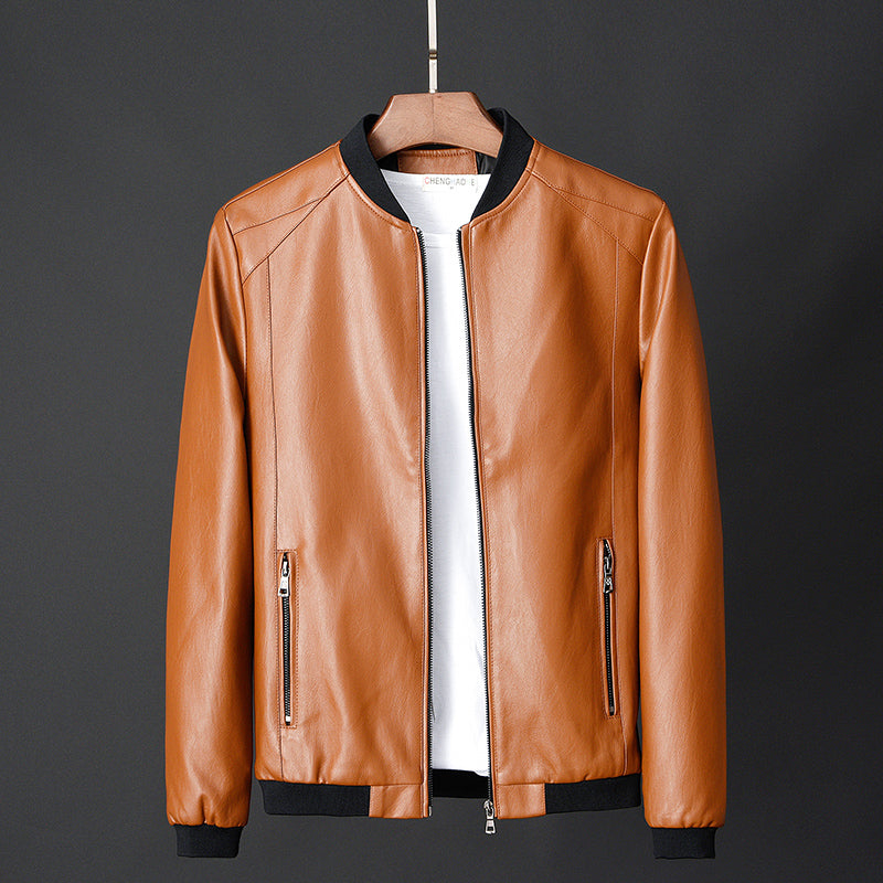 Slim Fit Men's PU Leather Jacket - Stand Collar Motorcycle Style Jacket (Regular Length)