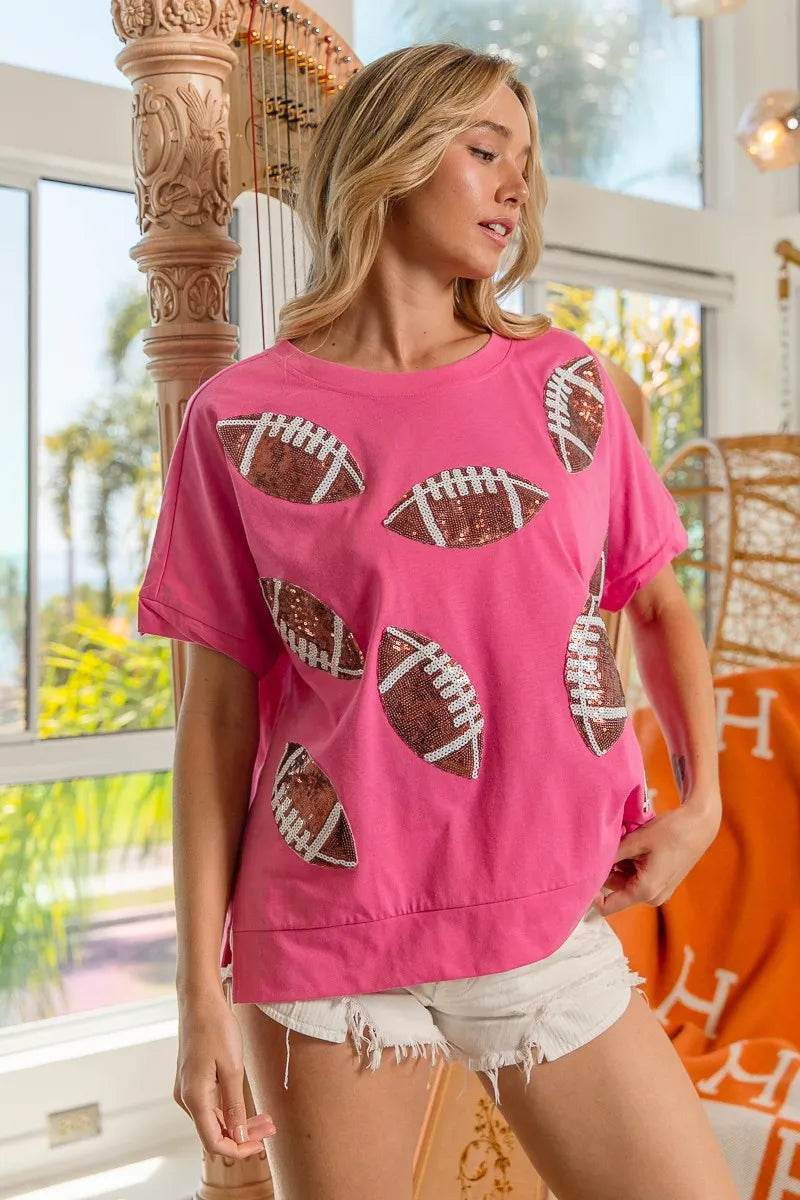 BiBi Game Day Sequins Patched Half Sleeves Top