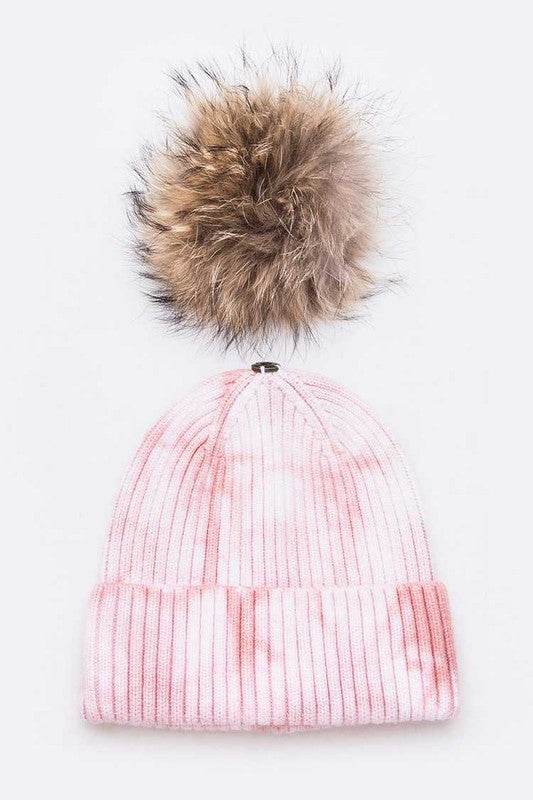 Large Genuine Fur Pom Tie Dyed Cotton Blend Beanie