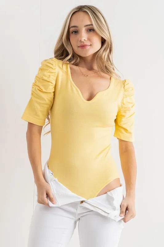 And The Why Shirring Puff Sleeve Bodysuit