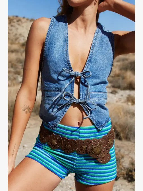 Denim front tie vest