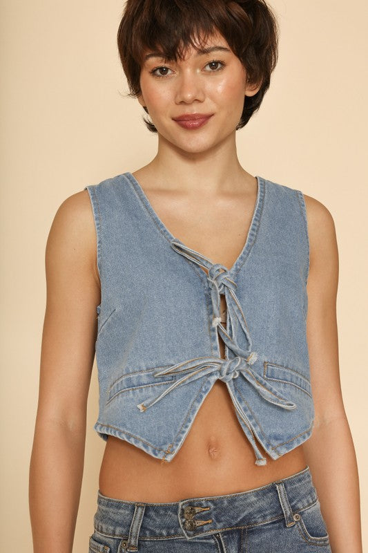 Denim front tie vest