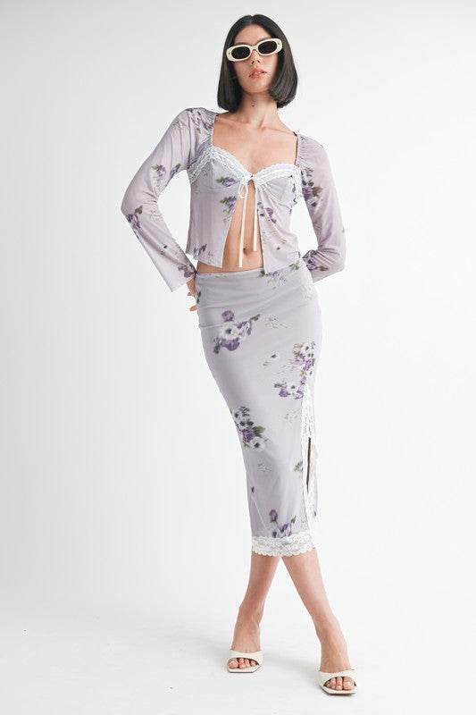 FLORAL MIDI SKIRT WITH LACE TRIM