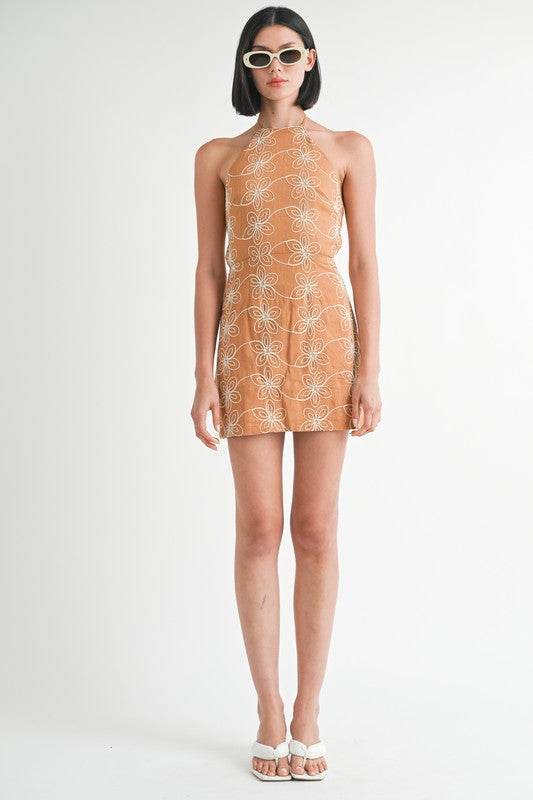 HALTER NECK PRINTED MINI DRESS WITH BACK TIE