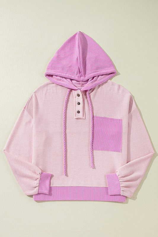 Women Colorblock Patch Pocket Drawstring Hooded