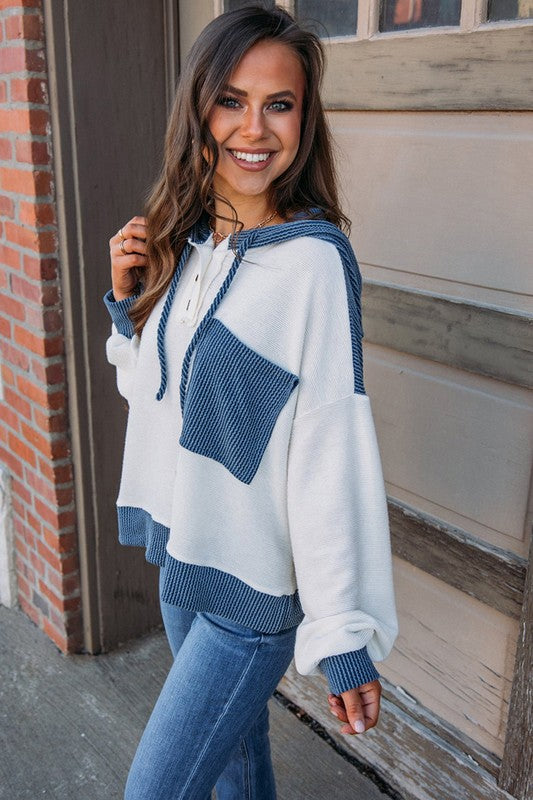 Women Colorblock Patch Pocket Drawstring Hooded